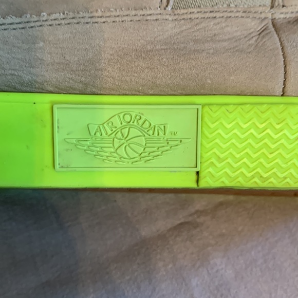 Air Jordon Beige Suede Lace Up High Tops with Neon Green Soles - Picture 5 of 11